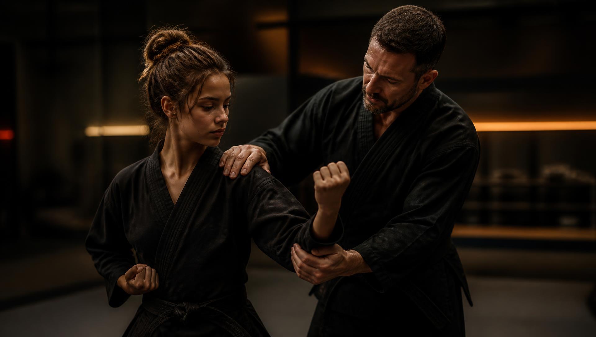 Professor orientando aluno em treino de artes marciais